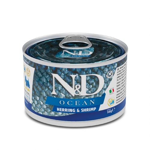 Farmina Cans N&D Grain Free Ocean Herring & Shrimp Adult Miniвологий корм для собак дрібних порід з оселедцем, тріскою, тунцем та креветкою 140г