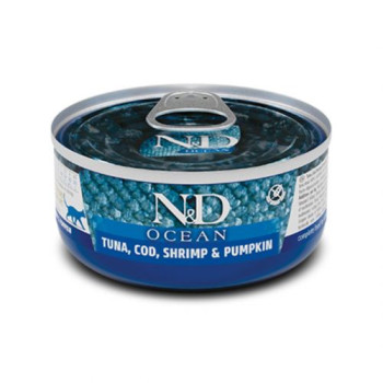 Farmina Cat Cans N&D Grain Free Ocean Tuna, Cod, Shrimp & Pumpkinвологий корм для дорослих котів беззерновий, тунець, креветка, гарбуз 70г