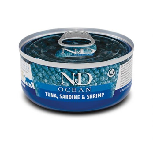 Farmina Cat Cans N&D Grain Free Ocean Tuna, Sardine, Shrimpвологий корм для дорослих котів беззерновий, тунець, сардина, креветка 70г