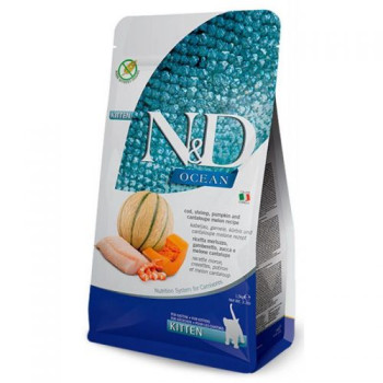 Farmina N&D Grain Free Ocean Pumpkin & Cantaloupemelon Kittenсухий корм для кошенят, вагітних і лактуючих котів з тріскою, креветкою, гарбузом і динею300г