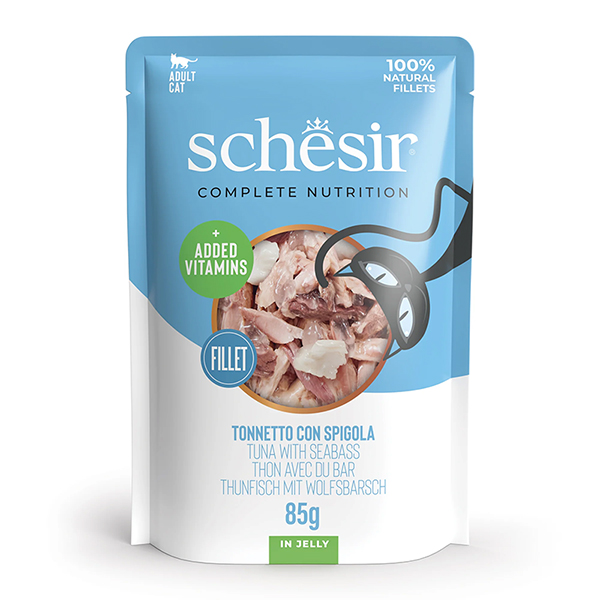 Schesir Tuna with Seabass ШЕЗІР ТУНЕЦЬ З ОКУНЕМ в желе повнораціонний вологий корм консерви для котів, пауч 85г