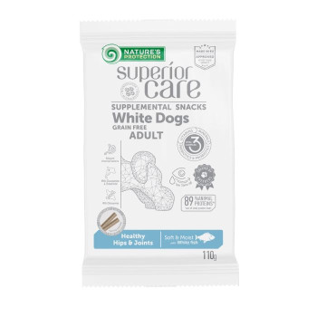 Nature's Protection Superior Care White Dogs Healthy hips & joints Беззернові ласощі для дорослих собак із білим забарвленням з білою рибою, 110 г