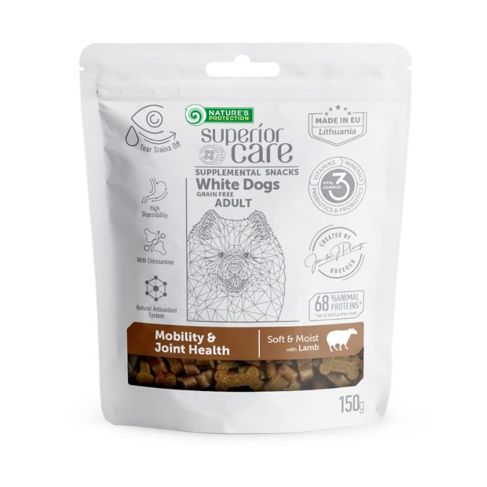 Nature's Protection Superior Care White Dogs Mobility & Joint Health Беззернові ласощі для дорослих собак із білим забарвленням з ягнятиною, 150 г