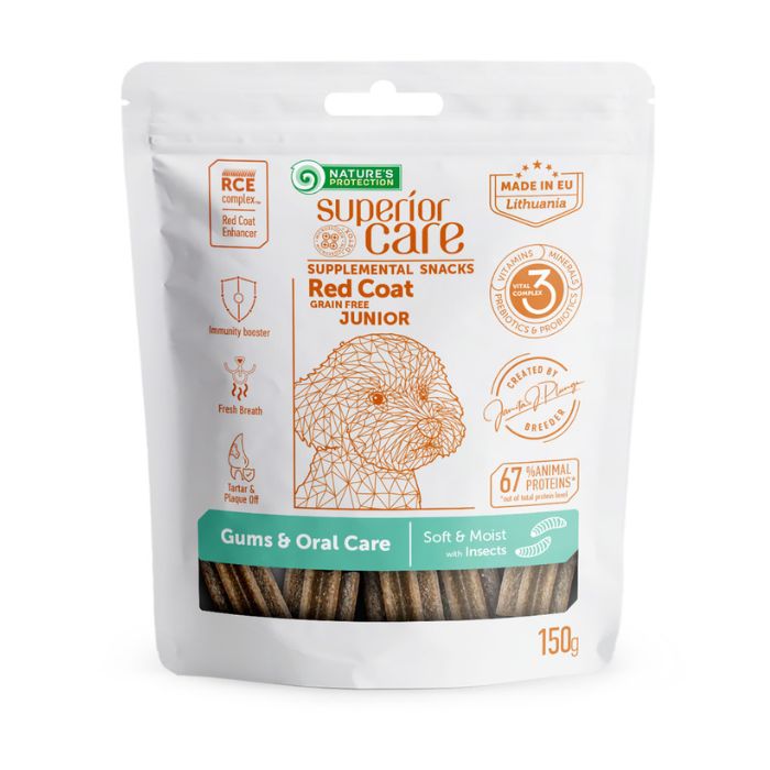 Nature's Protection Superior Care Red Coat Gums & Oral Care Беззернові ласощі для юніорів із рудим забарвленням з протеїном комах, 150 г