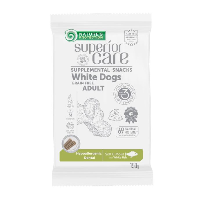 Nature's Protection Superior Care White Dogs Hypoallergenic & Dental Care Беззернові ласощі для дорослих собак із білим забарвленням з білою рибою, 150 г