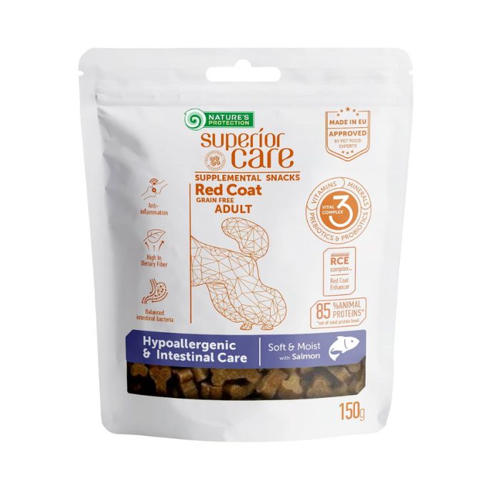 Nature's Protection Superior Care Red Coat Hypoallergenic & Intestinal Care Беззернові ласощі для дорослих собак з рудим забарвленням з лососем, 150 г